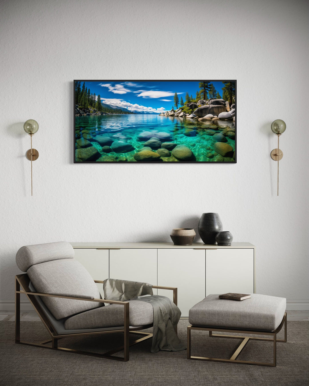 Framed canvas print of Lake Tahoe's Sand Harbor landscape hanging in a modern living room.