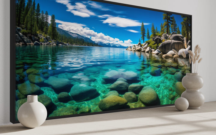 Framed canvas print of Lake Tahoe's Sand Harbor with crystal-clear water and scenic rock formations.