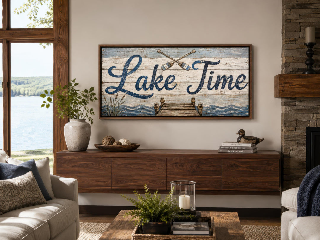 Rustic Lake Time canvas wall art with teal script on distressed wood above a modern wood console.