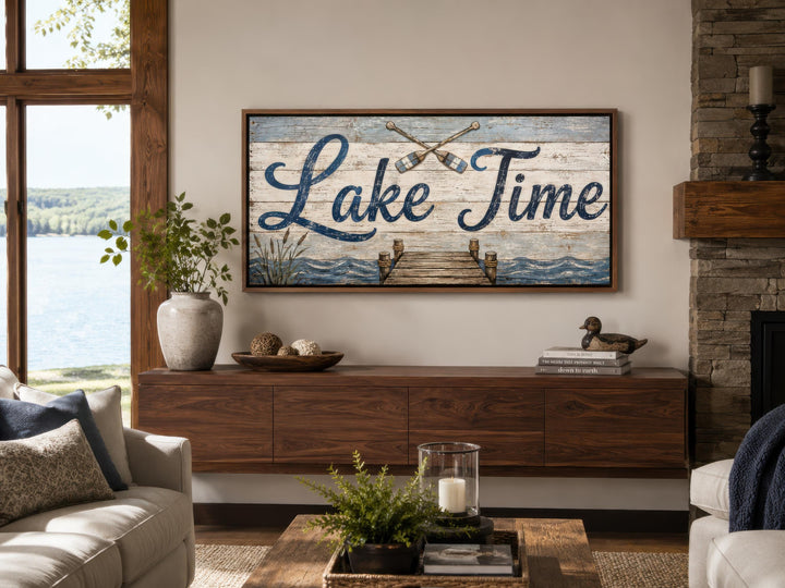Rustic Lake Time canvas wall art with teal script on distressed wood above a modern wood console.
