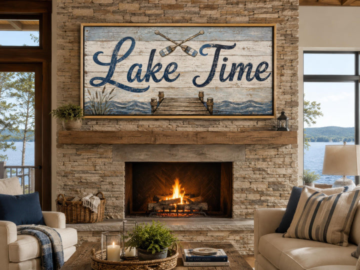Rustic Lake Time canvas wall art above a stone fireplace in a cozy lake house living room.