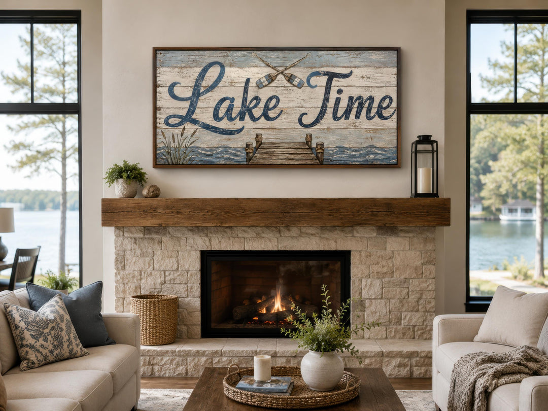 Rustic Lake Time canvas wall art hanging above a stone fireplace in a cozy lake house living room.