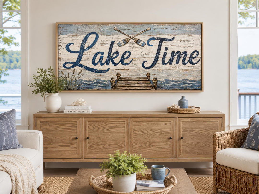Rustic Lake Time canvas wall art with oars and dock over a wooden sideboard in a lake house room.