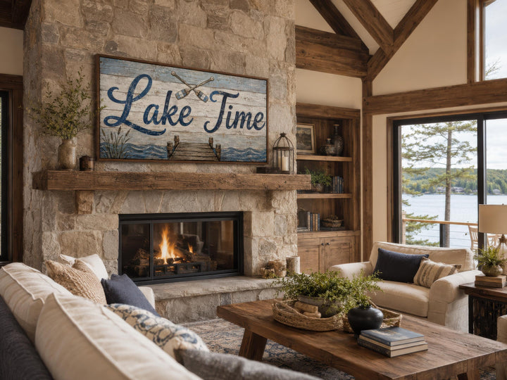 Rustic Lake Time canvas wall art with teal script and oars above a stone fireplace in a lake house.