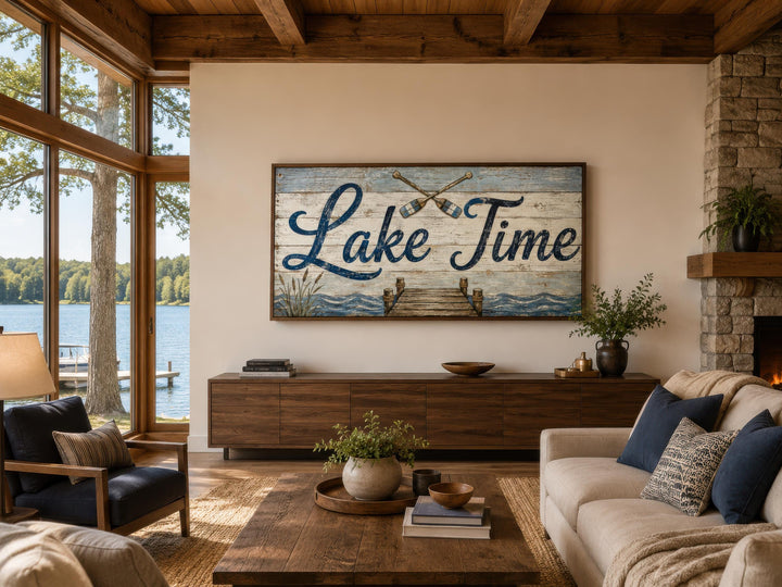 Lake Time rustic wood-look canvas wall art hanging above a console in a modern cabin living room.