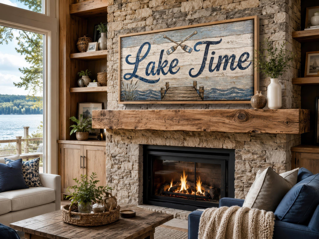 Rustic 'Lake Time' canvas wall art with a distressed wood look above a stone fireplace in a cabin.