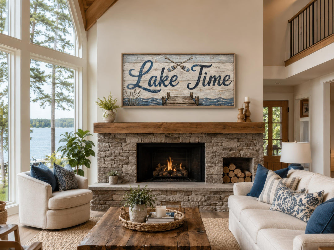 Rustic Lake Time canvas wall art above a stone fireplace in a cozy lake house living room.