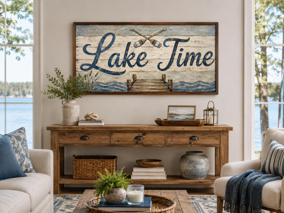 Rustic Lake Time canvas wall art with oars and a dock scene above a wooden console table.