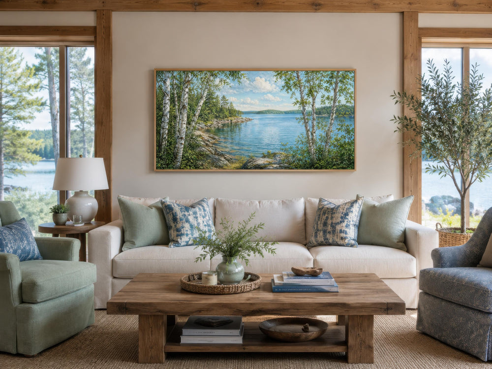 Birch tree canvas print of a serene lake scene hanging above a sofa in a lake house living room.