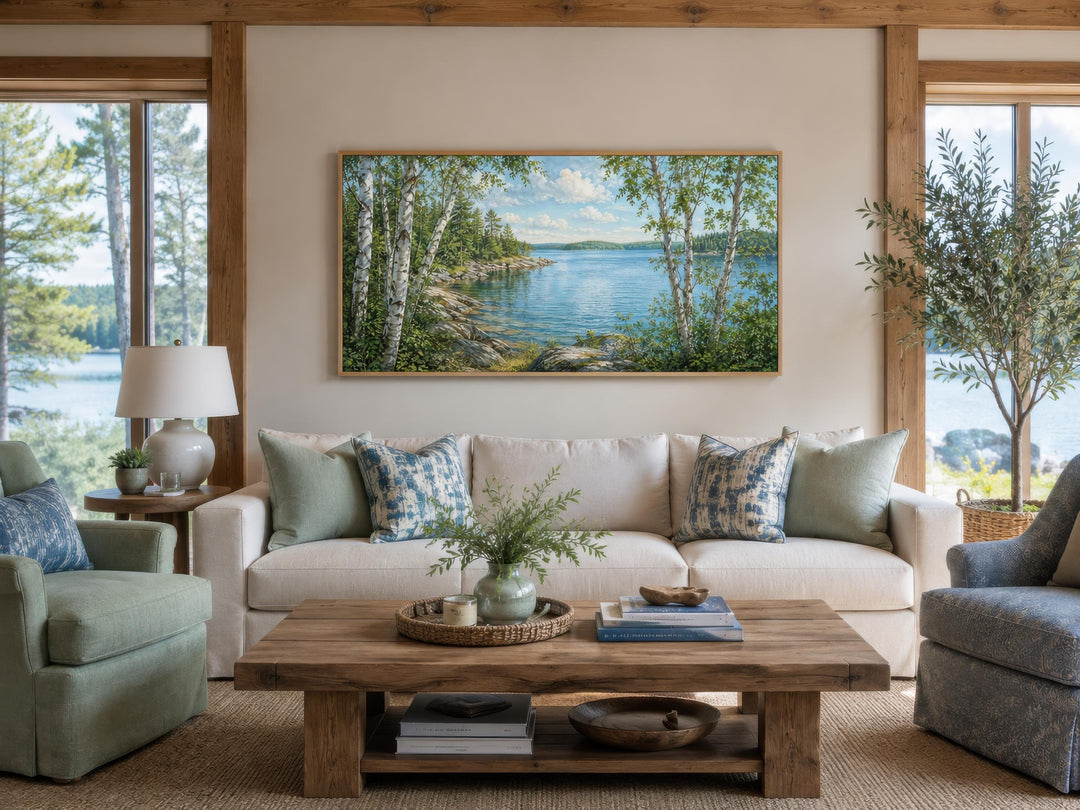 Birch tree canvas print of a serene lake scene hanging above a sofa in a lake house living room.