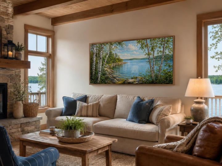 Wide horizontal birch tree canvas print hanging above a sofa in a cozy lake house living room.