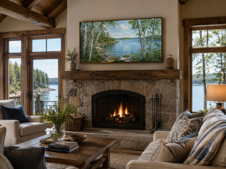 Birch tree canvas print of a lakeside scene displayed above a stone fireplace in a rustic room.