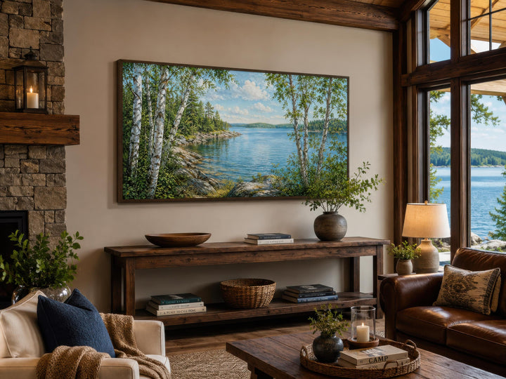 Lake Birch Tree canvas print hanging above a wooden console table in a rustic living room.
