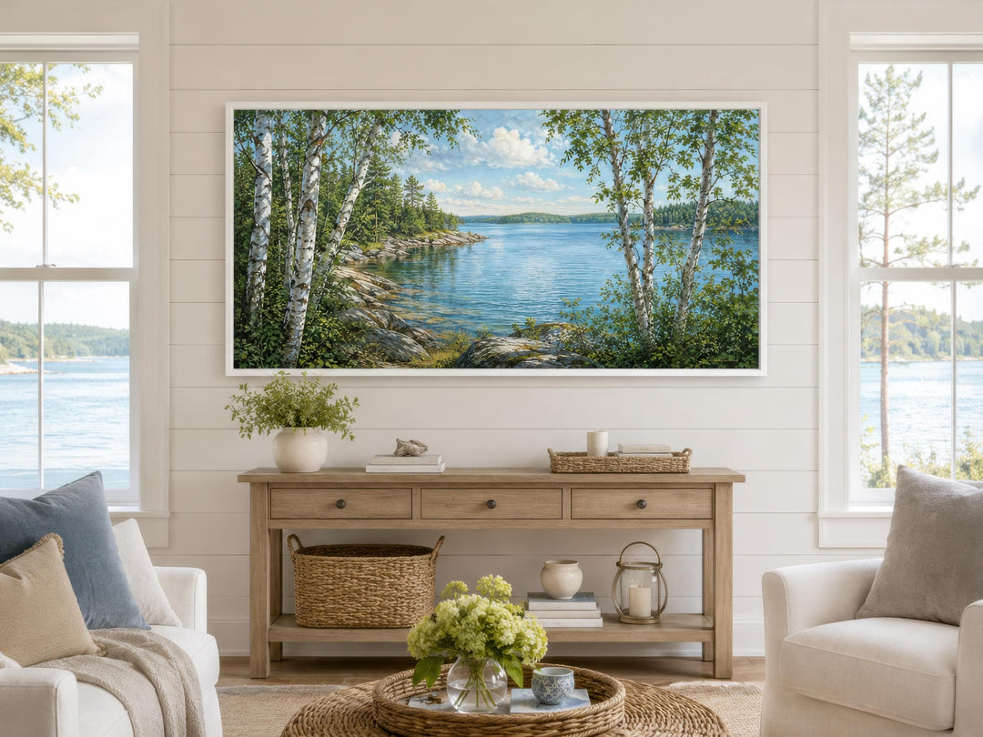 Lake Birch Tree canvas print above a console table in a bright, coastal-style living room.