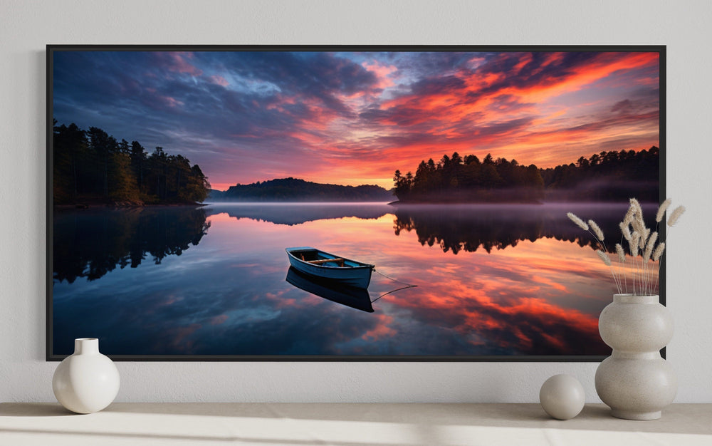 Lake With Boat at Sunset Framed Canvas Wall Art close up