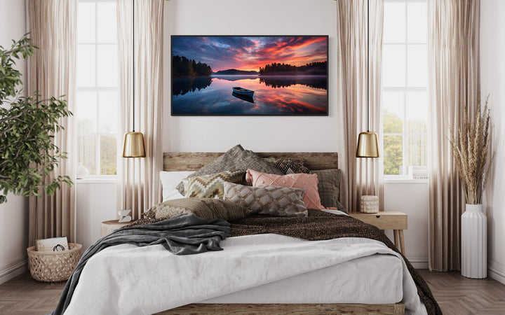 Lake With Boat at Sunset Framed Canvas Wall Art