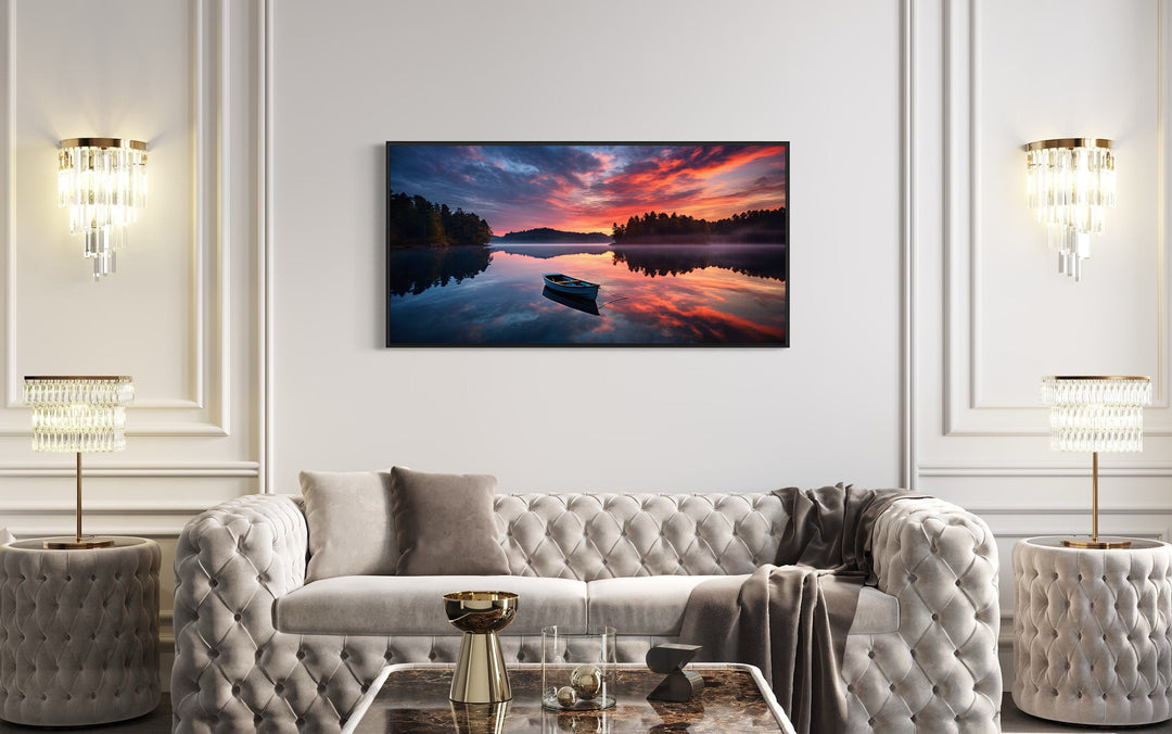 Lake With Boat at Sunset Framed Canvas Wall Art