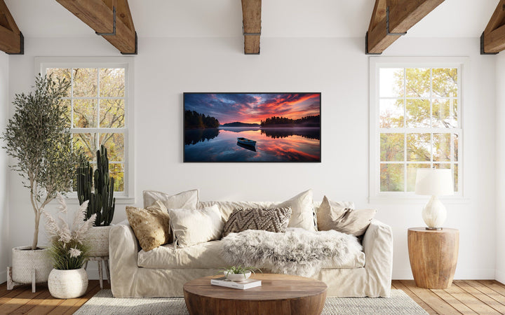 Lake With Boat at Sunset Framed Canvas Wall Art