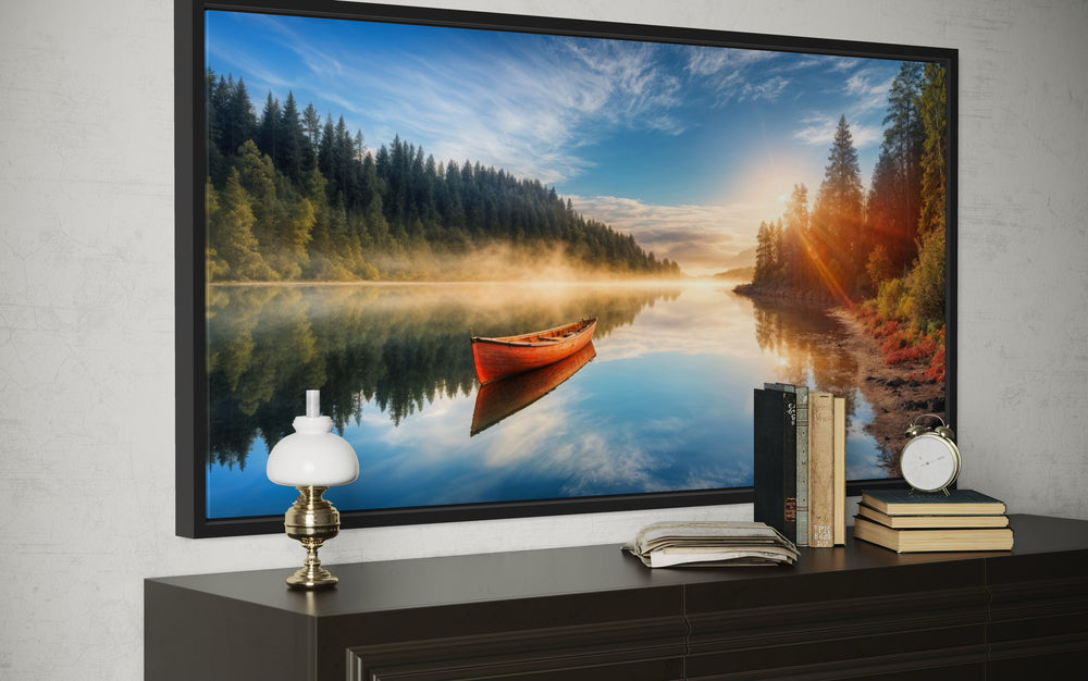 Lake With Red Canoe Wall Art – Framed Canvas Print for Rustic Lake House Decor