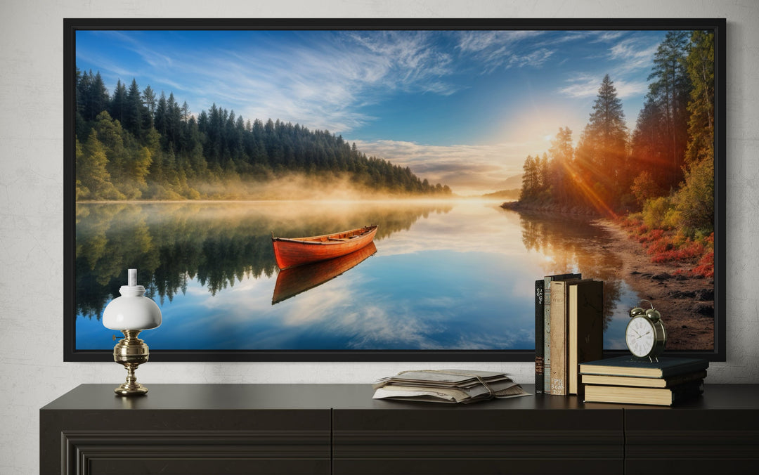 Lake With Red Canoe Wall Art – Framed Canvas Print for Rustic Lake House Decor