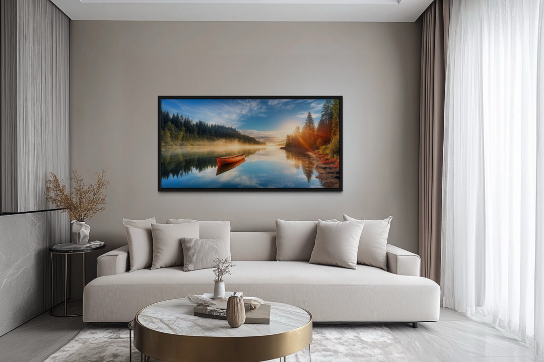 Lake With Red Canoe Wall Art – Framed Canvas Print for Rustic Lake House Decor