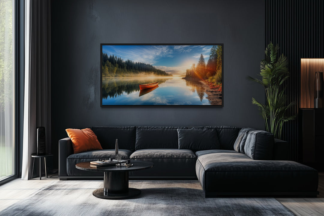 Lake With Red Canoe Wall Art – Framed Canvas Print for Rustic Lake House Decor