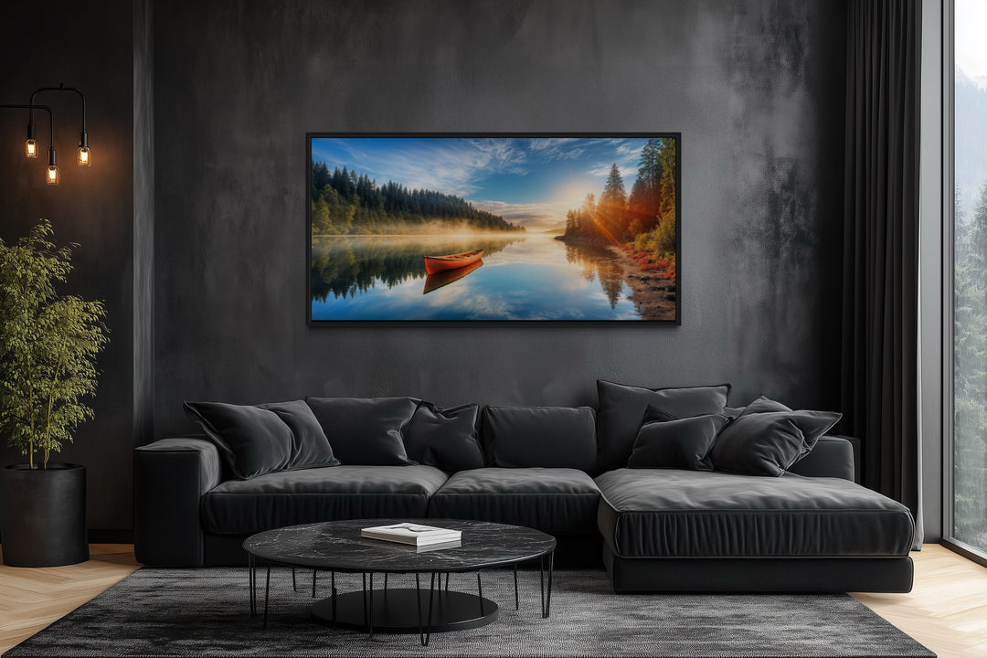 Lake With Red Canoe Wall Art – Framed Canvas Print for Rustic Lake House Decor