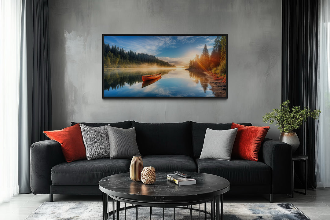 Lake With Red Canoe Wall Art – Framed Canvas Print for Rustic Lake House Decor
