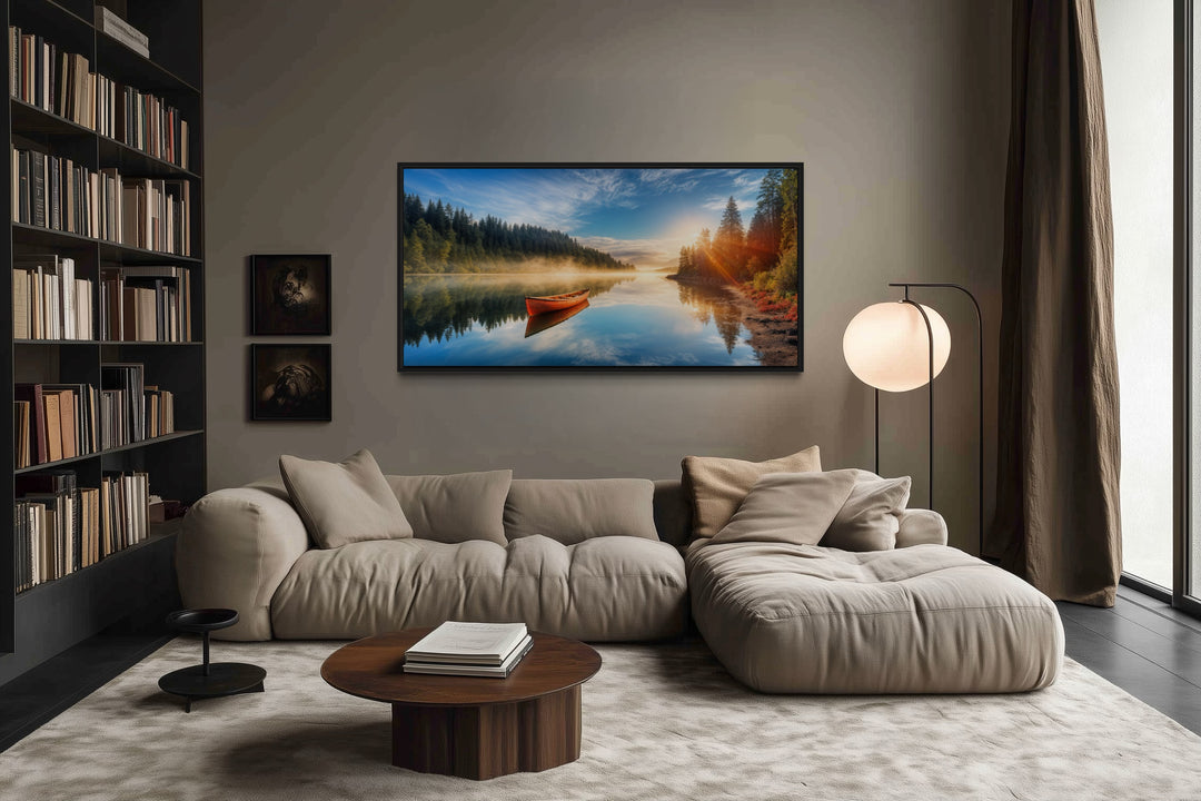 Lake With Red Canoe Wall Art – Framed Canvas Print for Rustic Lake House Decor