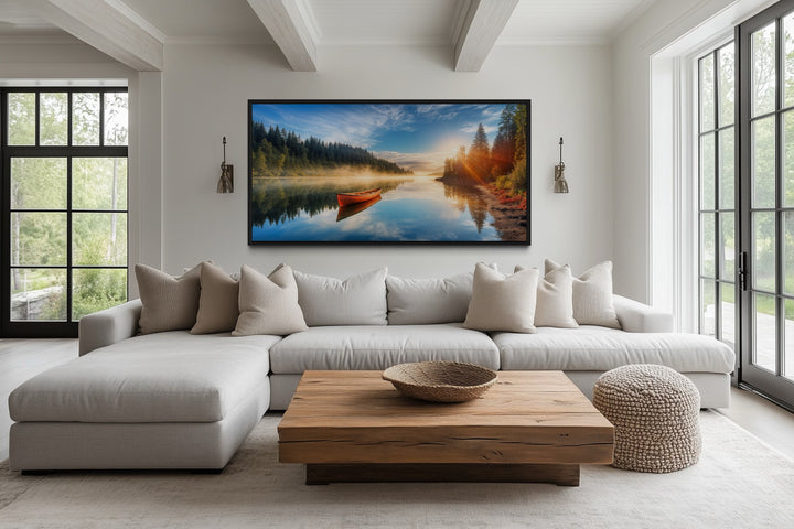 Lake With Red Canoe Wall Art – Framed Canvas Print for Rustic Lake House Decor