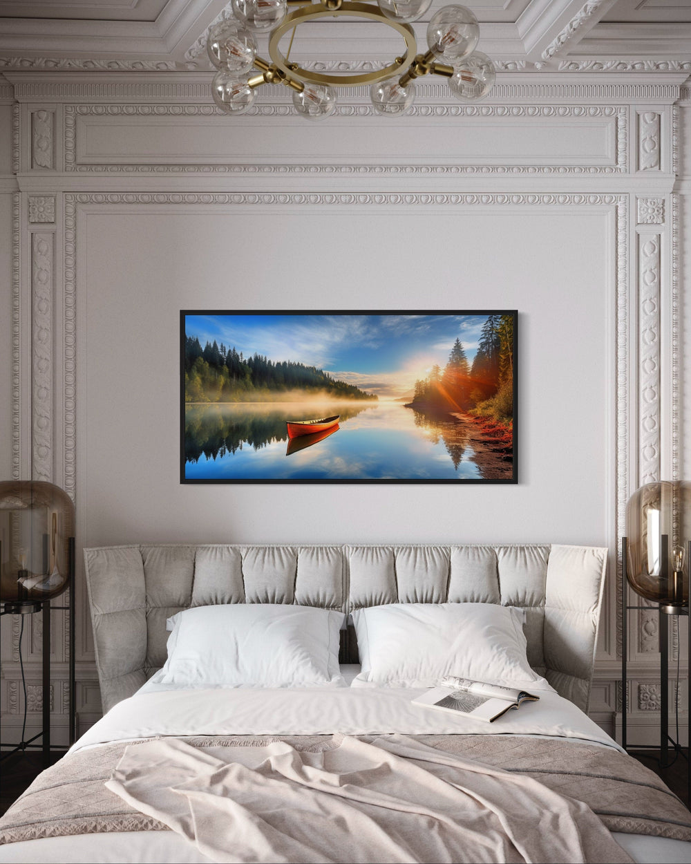 Lake With Red Canoe at Sunrise Framed Canvas Wall Art above bed