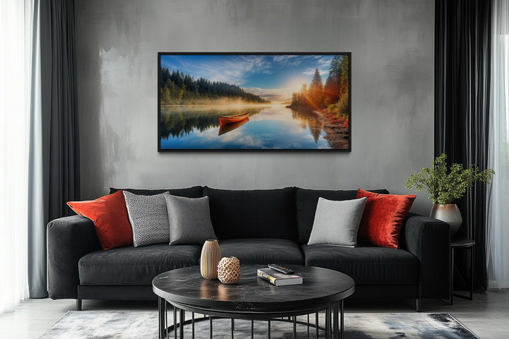 Lake With Red Canoe at Sunrise Photography Framed Canvas Wall Art