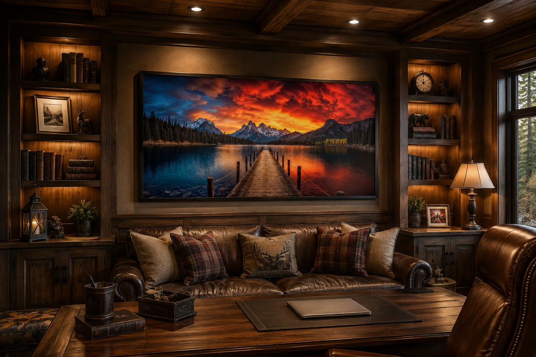 Framed canvas wall art of a lake and fishing pier at sunset in a rustic wood-paneled study.