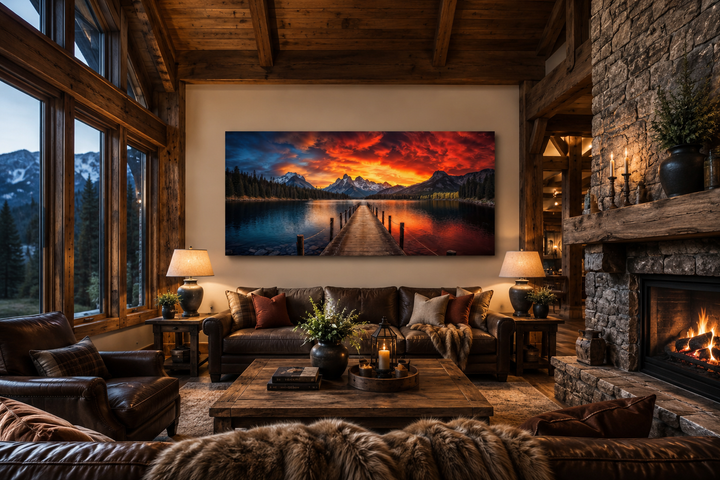 Framed canvas wall art of a lake and fishing pier at sunset displayed in a rustic living room.