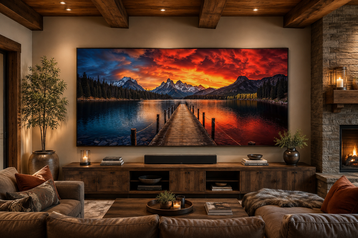 Framed canvas wall art of a mountain lake and fishing pier at sunset above a living room console.