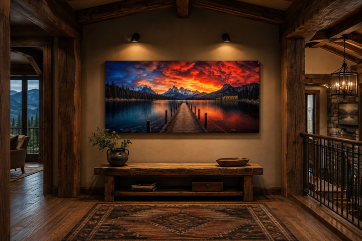 Lake and fishing pier sunset painting on a framed canvas wall art in a rustic lodge hallway.