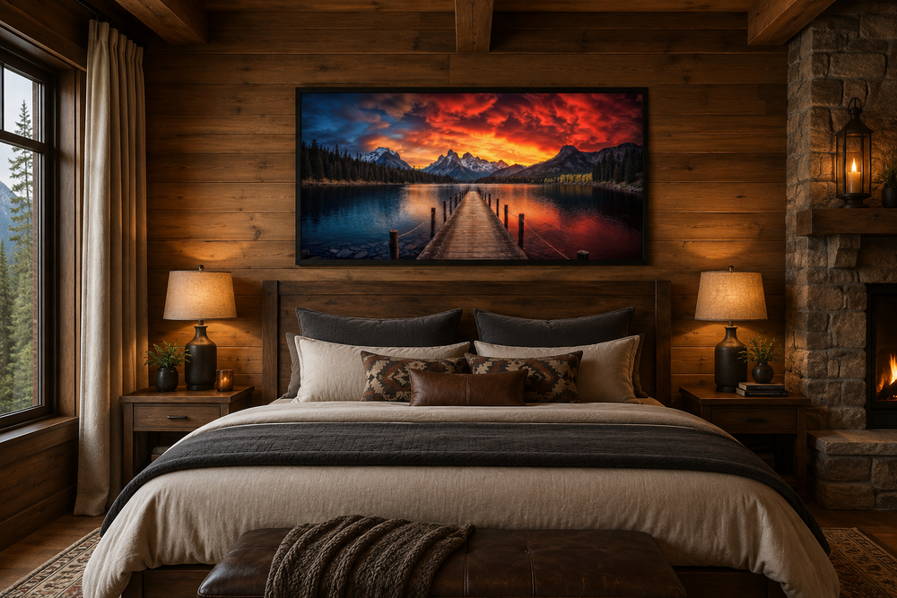 Framed canvas wall art of a lake and fishing pier at sunset hanging above a bed in a rustic bedroom.