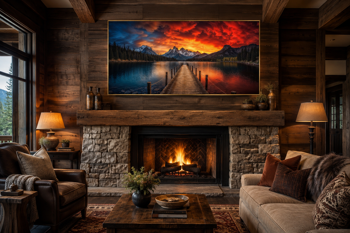 Framed canvas wall art of a lake and fishing pier at sunset displayed above a rustic fireplace.