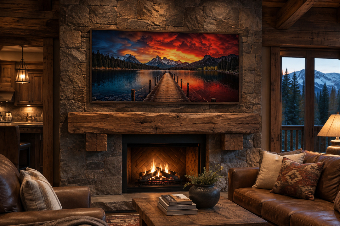 Framed canvas wall art of a lake and fishing pier sunset displayed above a rustic stone fireplace.