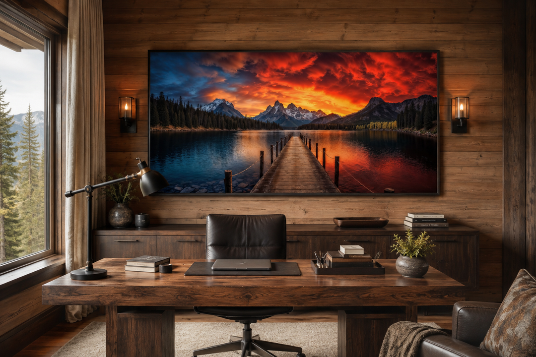 Framed canvas wall art of a vibrant sunset over a lake and fishing pier in a rustic office.