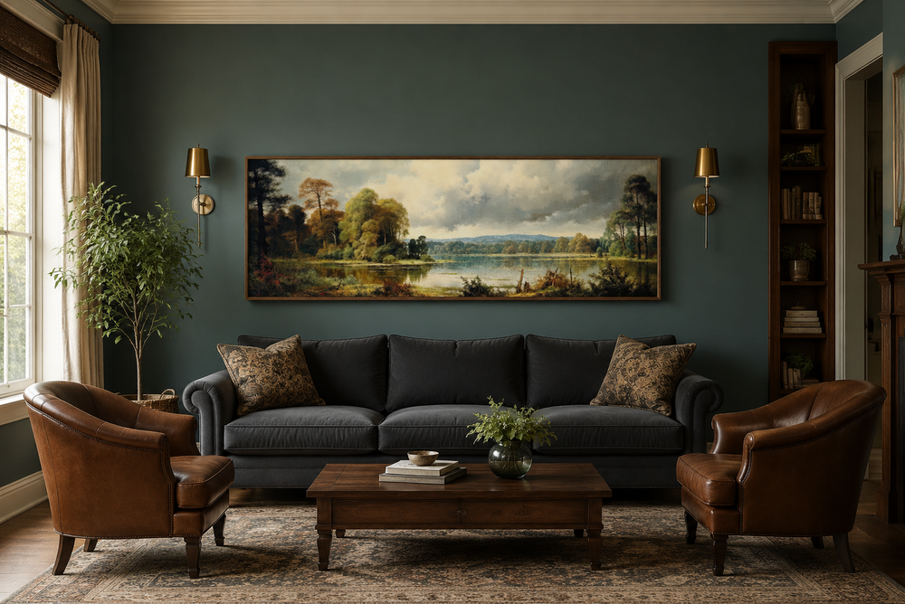 Vintage horizontal landscape painting of a lake and forest in a dark green living room.