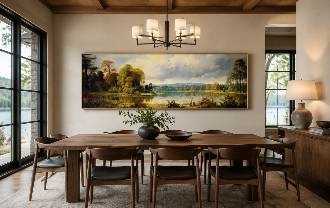 Vintage narrow horizontal landscape painting of a lake and forest above a wooden dining table.