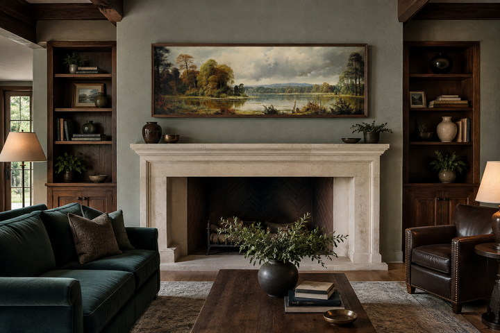 Vintage narrow horizontal landscape painting of a lake and forest above a stone fireplace.