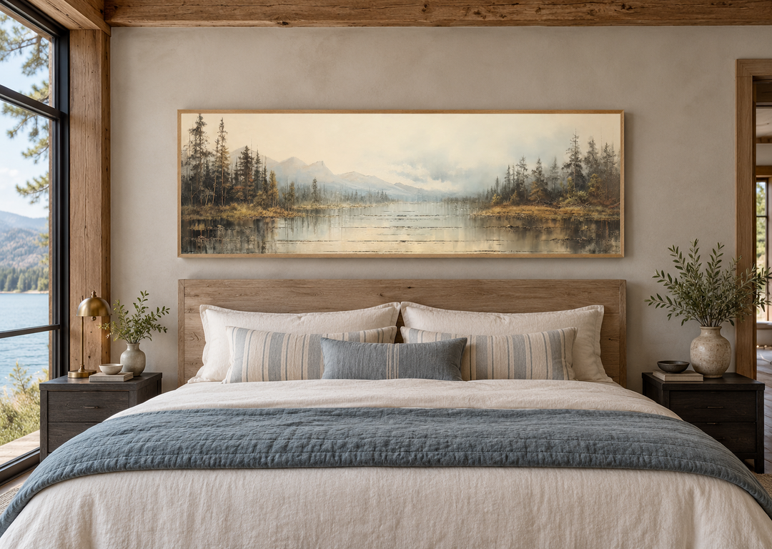 Vintage neutral lake landscape long horizontal wall art in an oak frame above a bed.