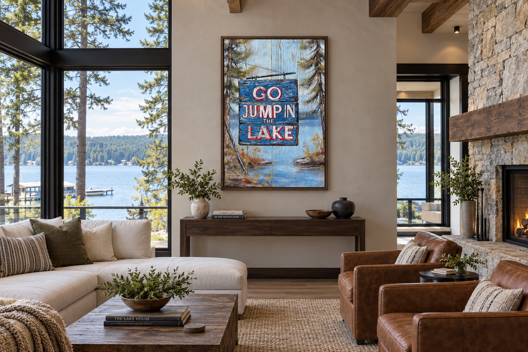 Go Jump In The Lake rustic framed canvas wall art in a modern lake house living room.