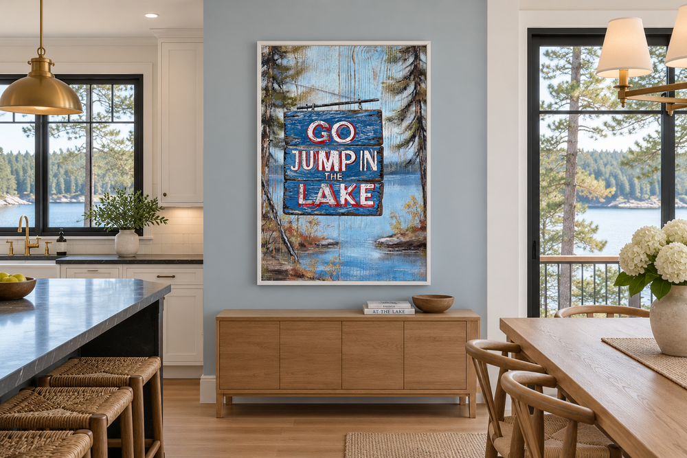 Go Jump In The Lake rustic framed canvas wall art in a modern lake house dining area.