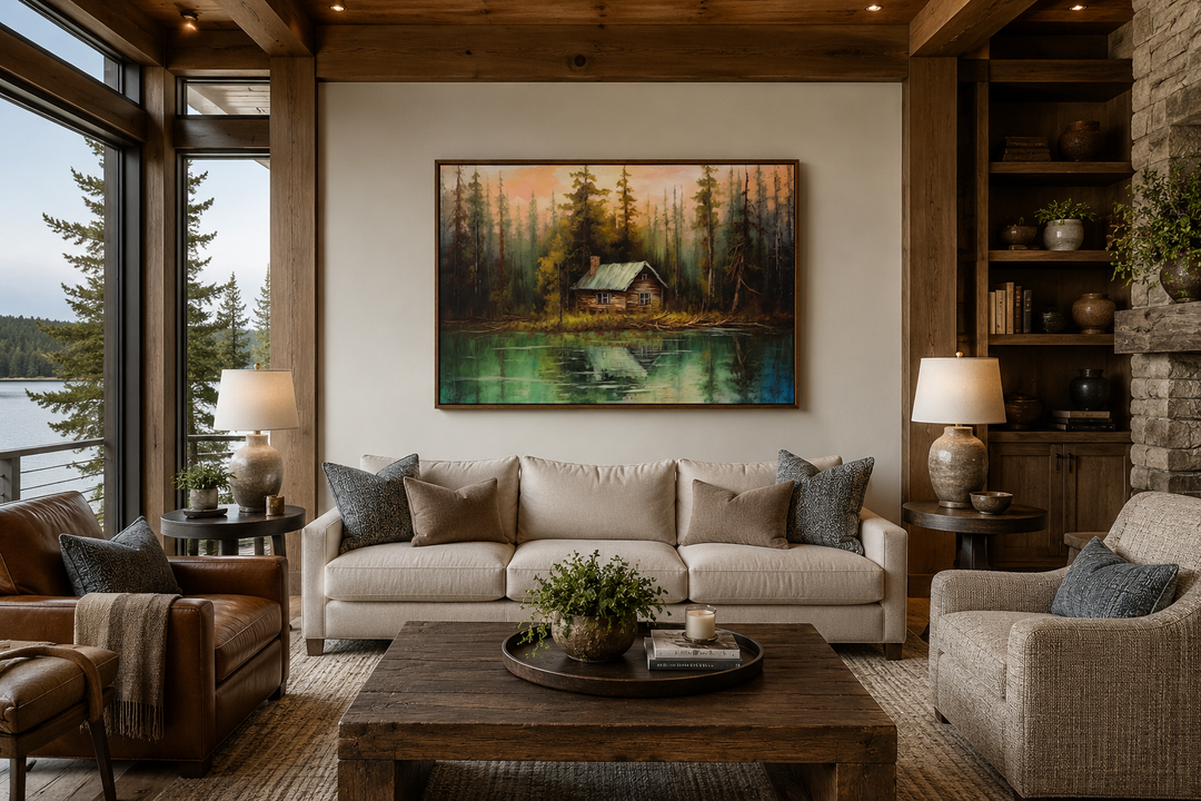 Rustic framed canvas wall art of a cabin by a lake, hanging above a sofa in a cozy living room.
