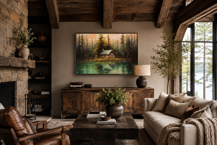Rustic lake and cabin framed canvas wall art hanging above a wooden sideboard in a cozy room.