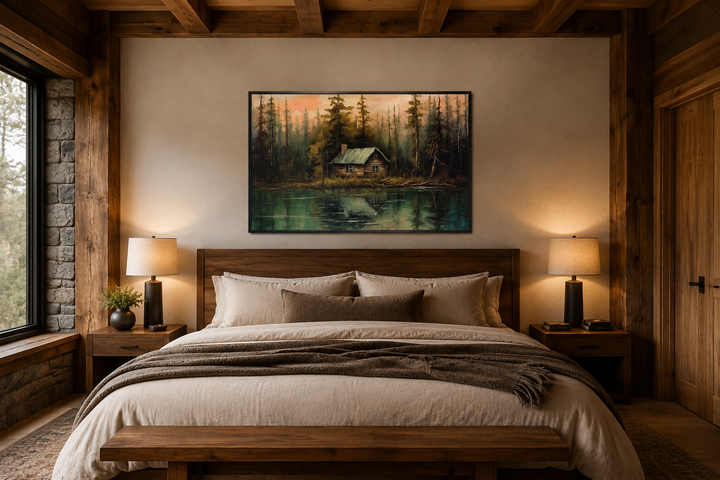 Rustic lake and cabin framed canvas wall art hanging above a bed in a cozy, wood-paneled bedroom.