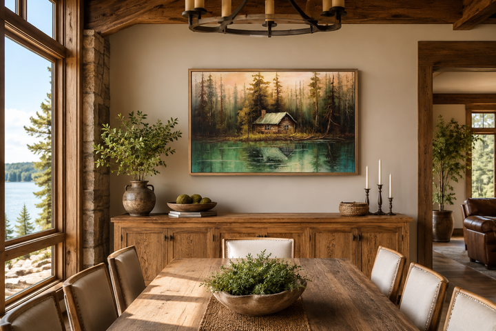 Rustic framed canvas wall art of a cabin by a lake, hanging above a wooden sideboard in a dining room